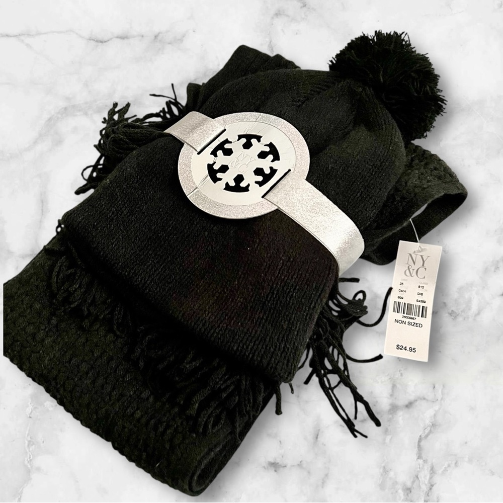 NY&C Black Knit Scarf and Pom Beanie Set